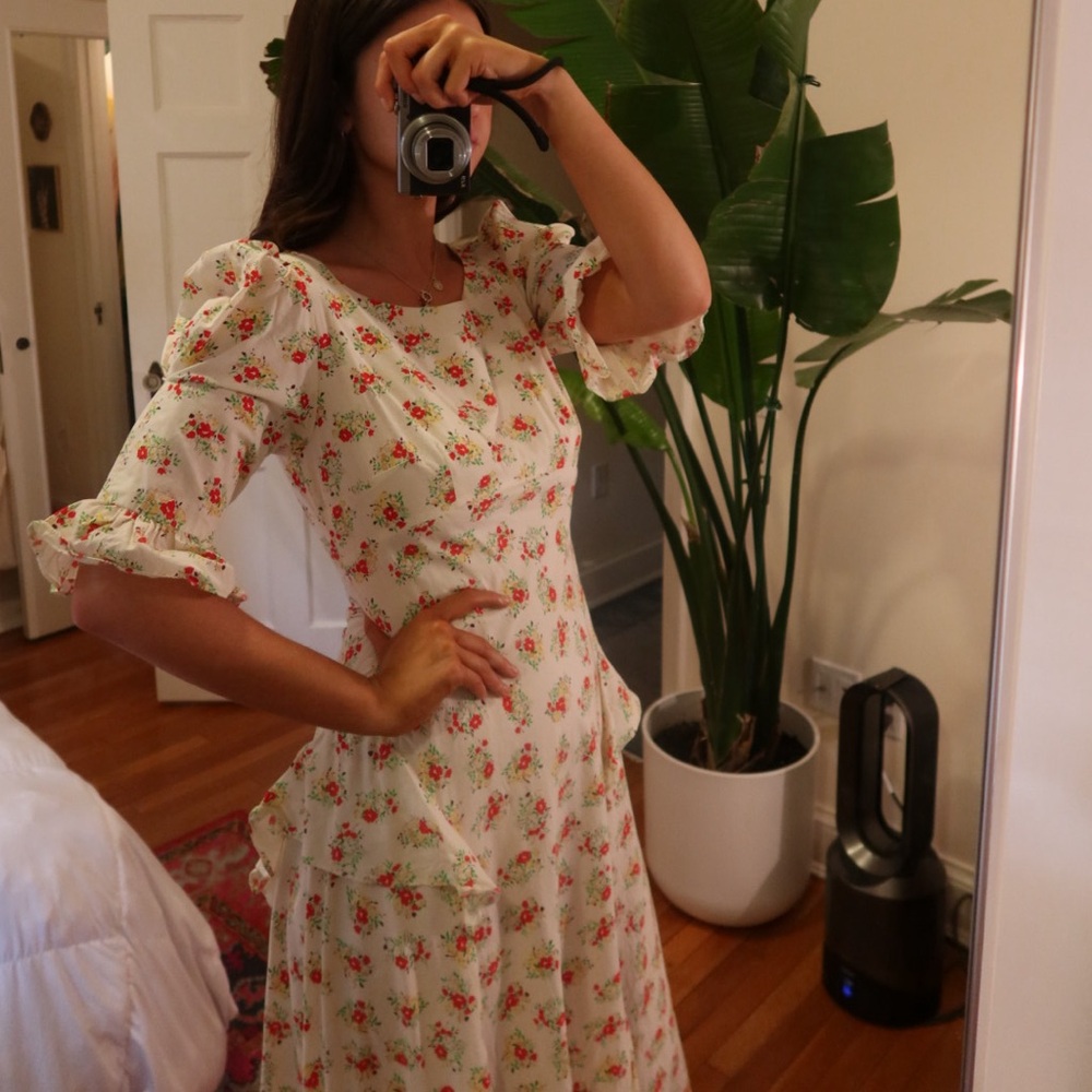RIXO Floral Puff Sleeve Milkmaid Dress